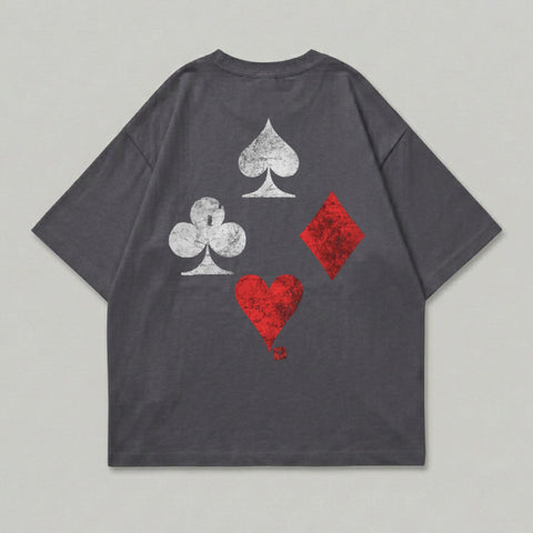 Dark grey t-shirt with distressed playing card suits: spade, club, diamond, heart.
