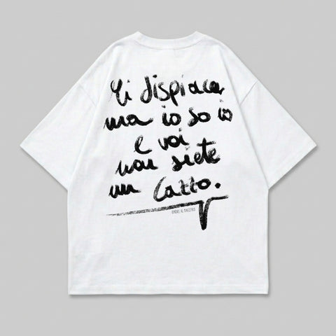 White t-shirt with black handwritten text and "ONDRE AL MAESTRO" logo.