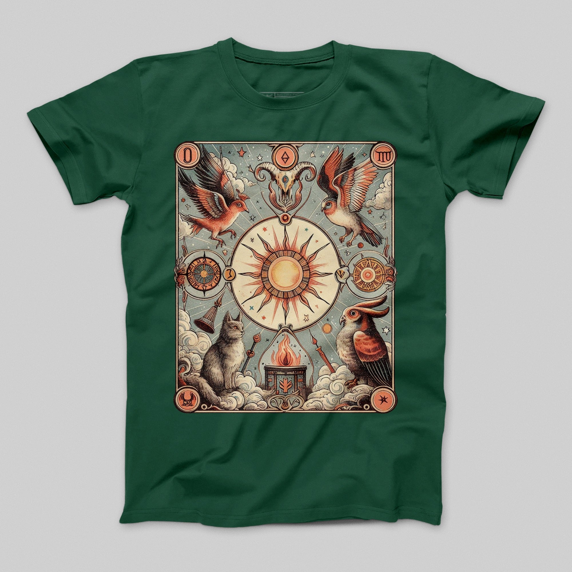 Mystical Animals and Sun Design Green T-Shirt