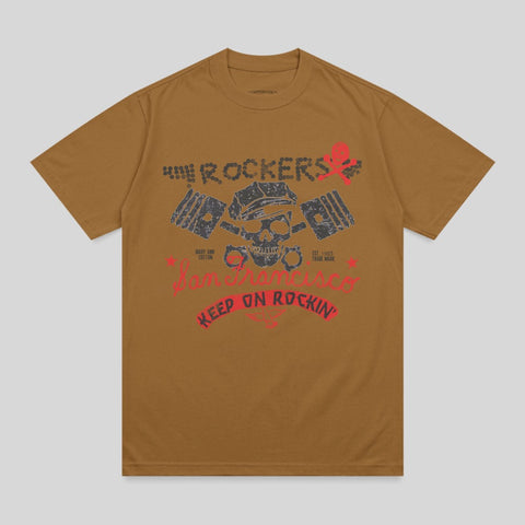 Brown t-shirt with "Rockers Keep On Rockin'" graphic featuring a skull.