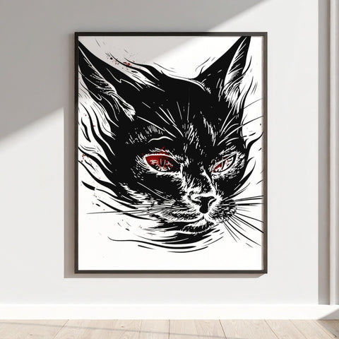 Striking Black Cat Artwork with Intense Red Eyes Poster