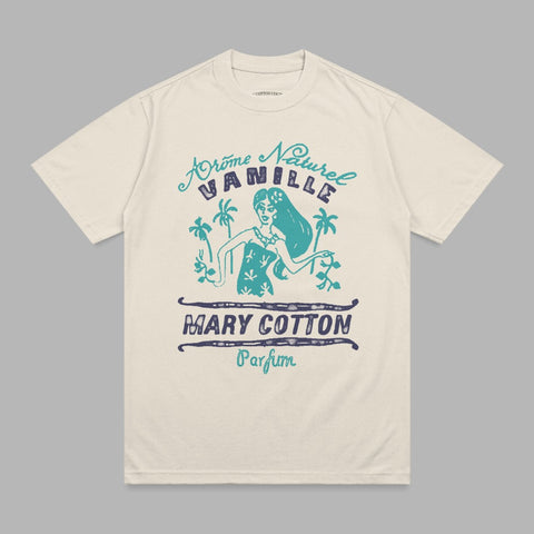 Cream t-shirt with blue and purple graphic of a woman, palm trees, and text "AROME NATUREL VANILLE MARY COTTON PARFUM".