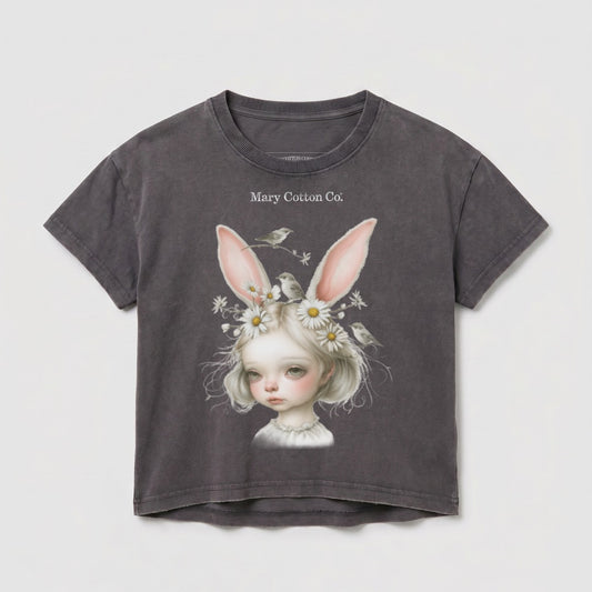 Dark gray t-shirt with watercolor illustration of a young girl with bunny ears and birds.