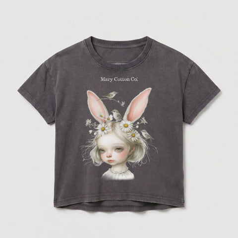 Dark gray t-shirt with watercolor illustration of a young girl with bunny ears and birds.