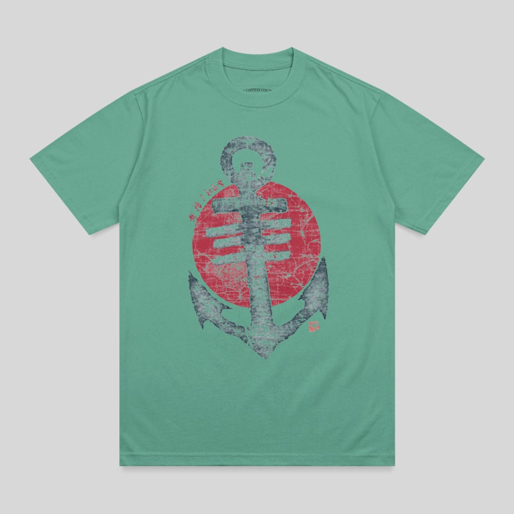 Teal t-shirt with distressed anchor and sun graphic.