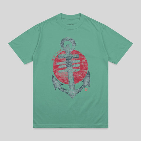 Teal t-shirt with distressed anchor and sun graphic.
