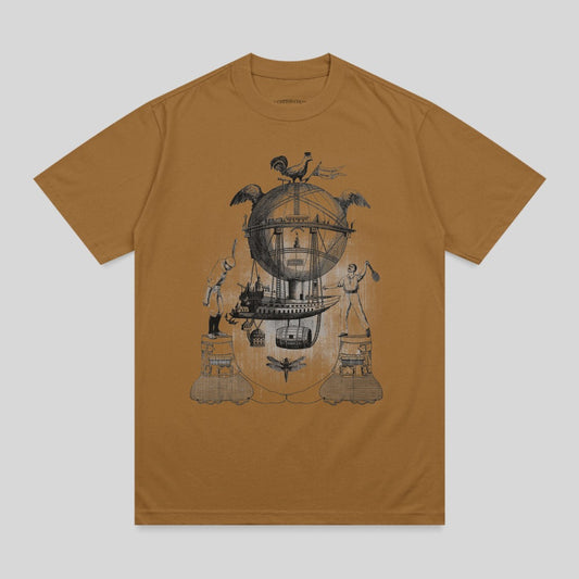 Brown t-shirt with surreal steampunk illustration of a hot air balloon with creatures.