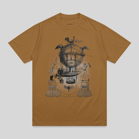 Brown t-shirt with surreal steampunk illustration of a hot air balloon with creatures.