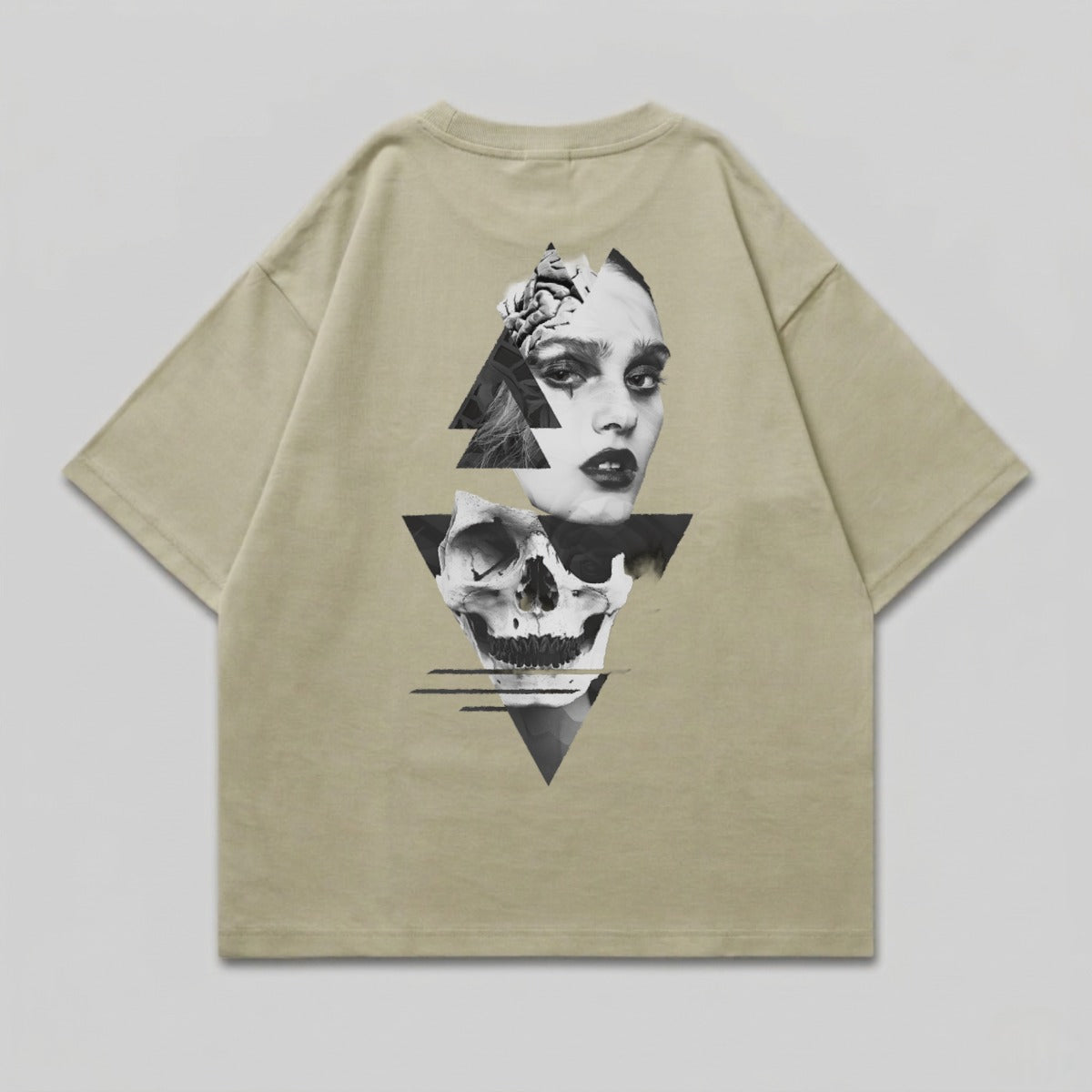 Edgy Woman Skull Graphic Triangle Geometric Design Product type
Abstract Print, Skull Graphic, Woman Face, Geometric Design, Triangle Art, Edgy Apparel, Dark Art Print, Gothic Style, Surreal Graphic, Modern Tee, Monochrome Print, Beige T-shirt, Streetwear Fashion, Unique Design, Artistic Top, Duality Theme, Oversized Shirt, Head Graphic, Fashion Tee, Cool Clothing
