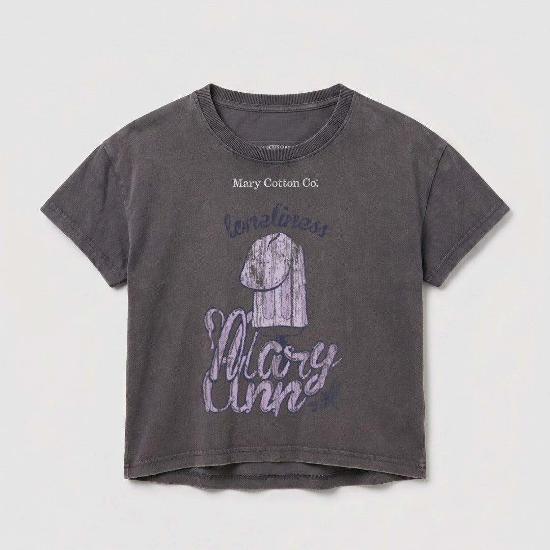 Dark grey t-shirt with "Mary Ann" and "loneliness" graphics.