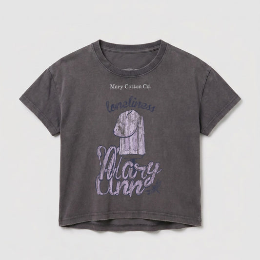 Dark grey t-shirt with "Mary Ann" and "loneliness" graphics.