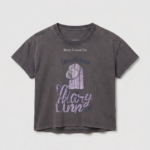 Dark grey t-shirt with "Mary Ann" and "loneliness" graphics.