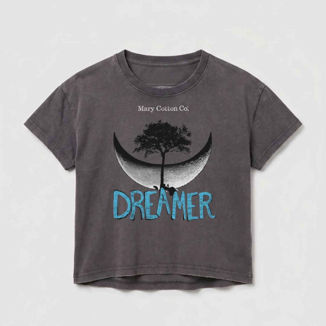 Gray t-shirt with crescent moon, tree, and "DREAMER" text.