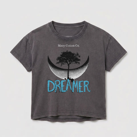 Gray t-shirt with crescent moon, tree, and "DREAMER" text.