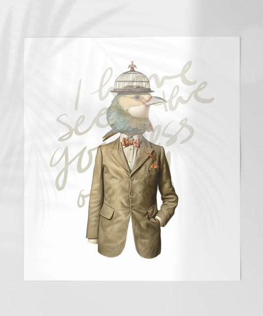 Quirky Bird in Suit with Cage Hat Artistic Print