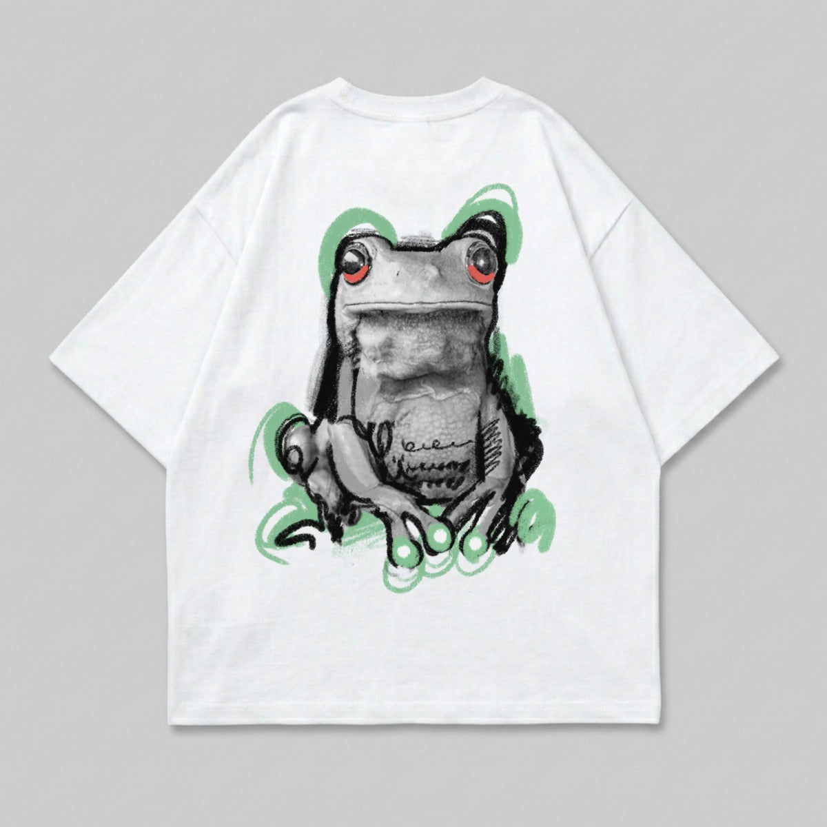 Grayscale frog illustration bright red eyes green product type