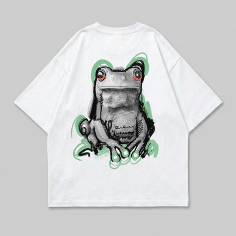 Grayscale frog illustration bright red eyes green product type