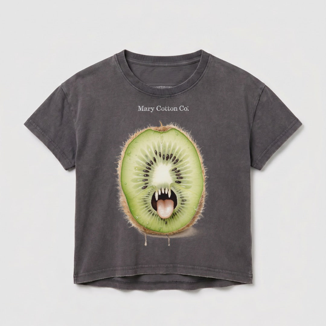 Dark grey t-shirt with a graphic of a screaming kiwi fruit with sharp teeth.