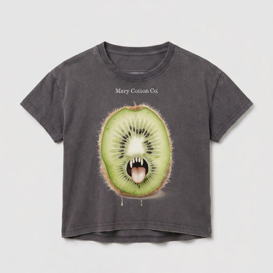 Dark grey t-shirt with a graphic of a screaming kiwi fruit with sharp teeth.