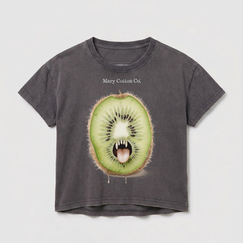 Dark grey t-shirt with a graphic of a screaming kiwi fruit with sharp teeth.