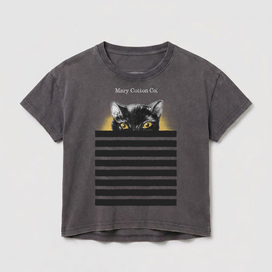 Grey t-shirt with a black cat peeking over striped lines.