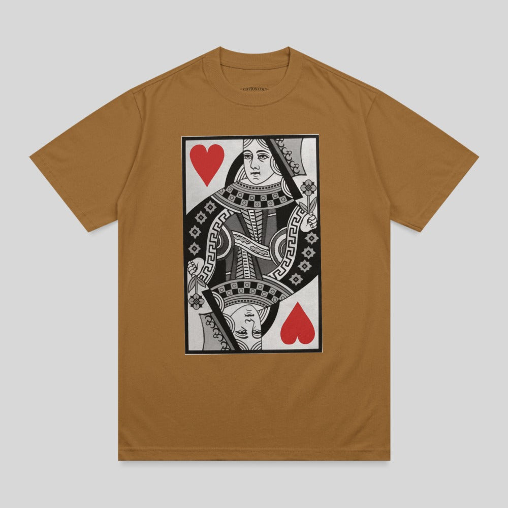 Brown t-shirt with a graphic of the Queen of Hearts playing card.