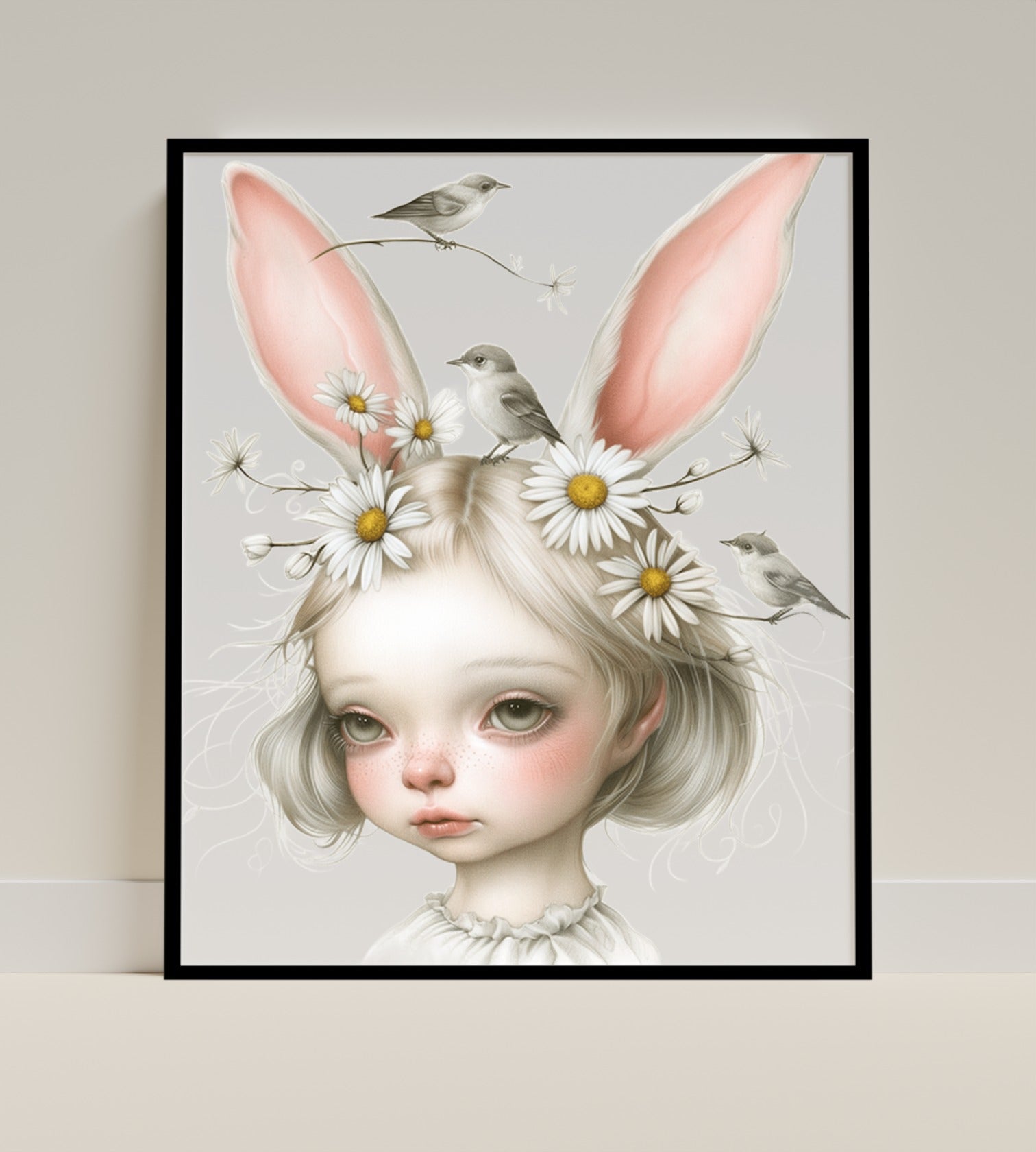 Whimsical Girl with Bunny Ears and Birds Art Print