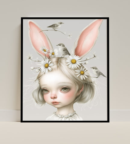 Whimsical Girl with Bunny Ears and Birds Art Print
