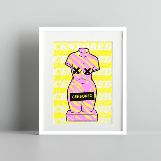 Vibrant Contemporary Art with Censored Figure Print