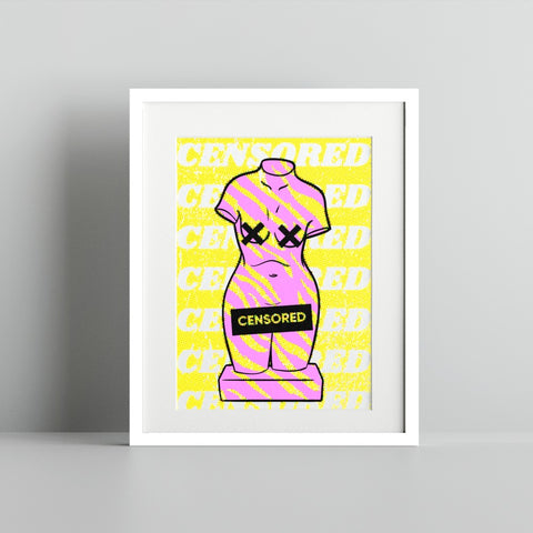 Vibrant Contemporary Art with Censored Figure Print