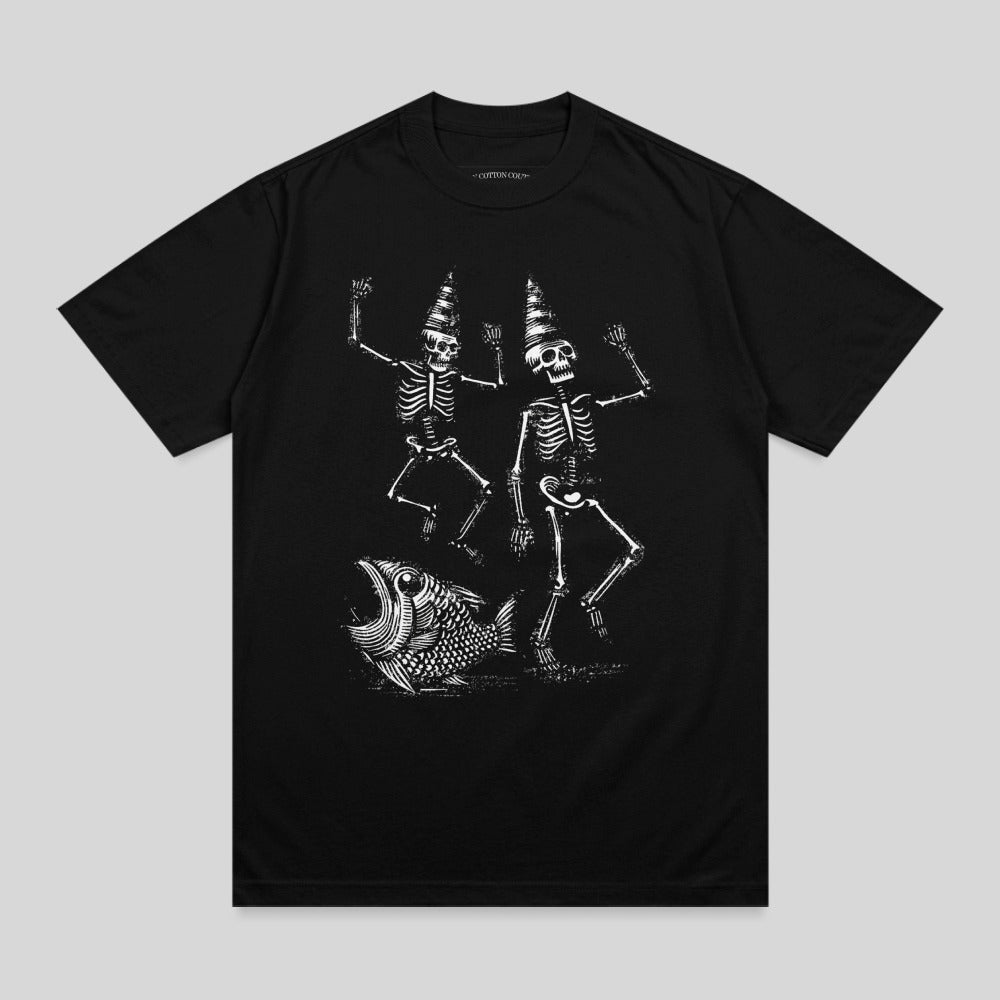 Black t-shirt with dancing skeletons and a fish illustration.