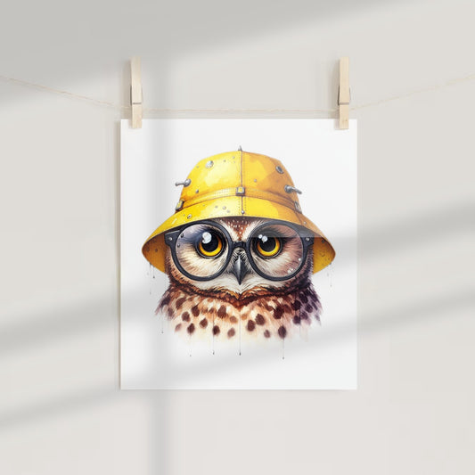Cute Owl With Glasses and Yellow Hat Art Print