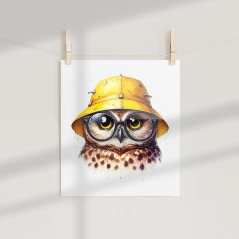 Cute Owl With Glasses and Yellow Hat Art Print