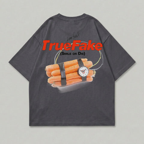 Dark t-shirt with graphic of carrots taped like a bomb, text "True Fake (SMILE OR DIE)".