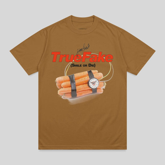 Brown t-shirt with a graphic of a bomb made of carrots and a clock.