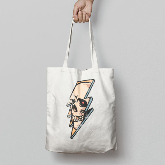 Skull and Lightning Print Design Tote Bag