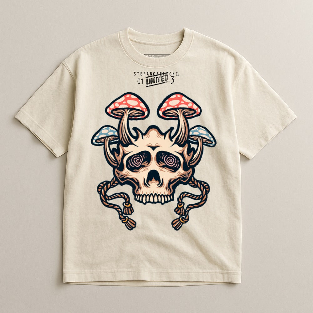 Graphic Tee with Skull and Mushroom Design