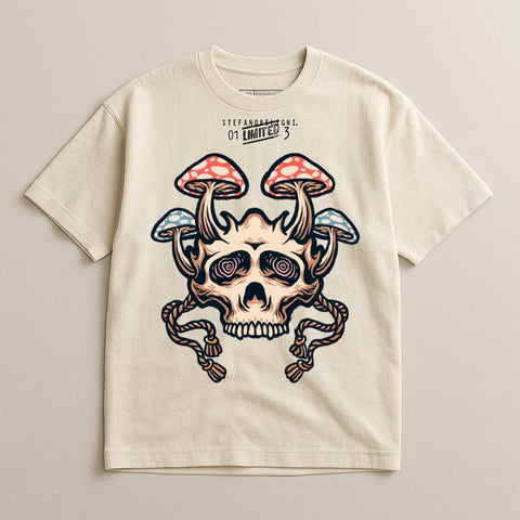 Graphic Tee with Skull and Mushroom Design