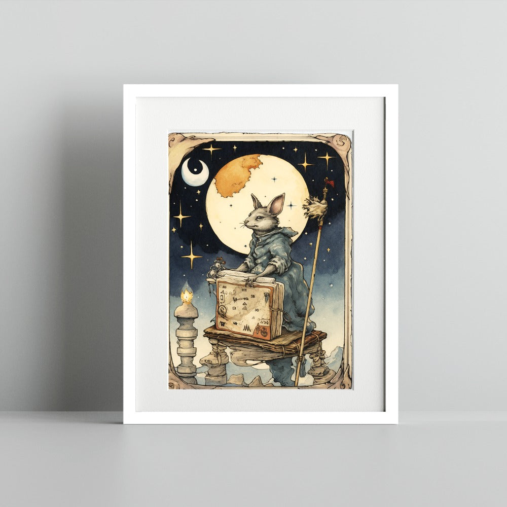 Wizard Bunny with Full Moon Art Print Mystical Decor