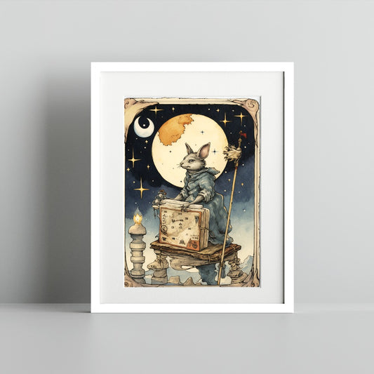 Wizard Bunny with Full Moon Art Print Mystical Decor