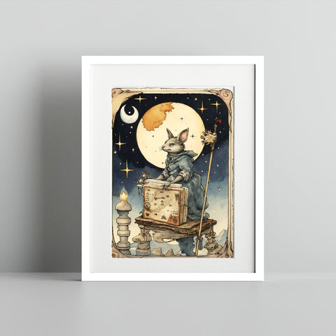 Wizard Bunny with Full Moon Art Print Mystical Decor