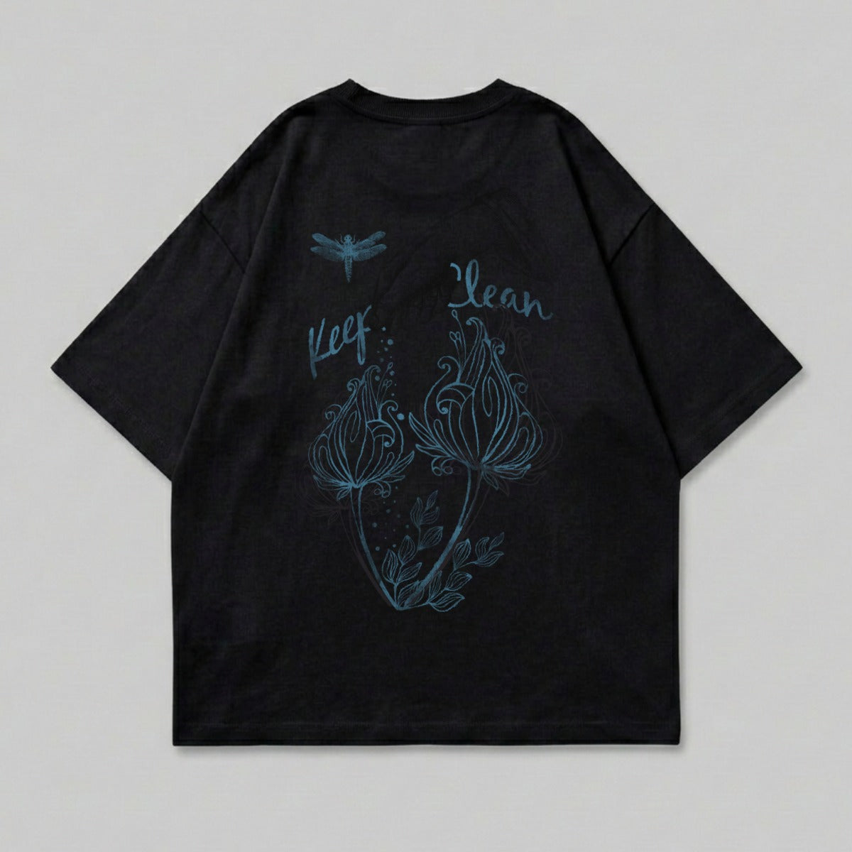 Black t-shirt with a blue dragonfly and floral design, text reads "Keep Clean".