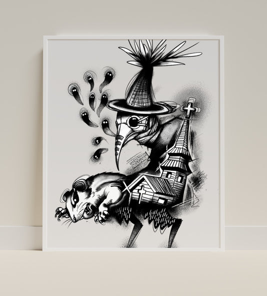 Gothic Plague Doctor Artwork with Haunted Church Print