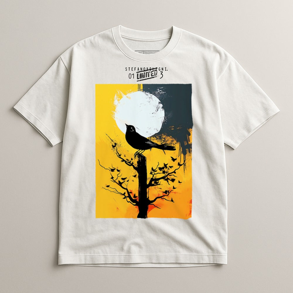 Artistic Bird with Moon Graphic White T-Shirt
