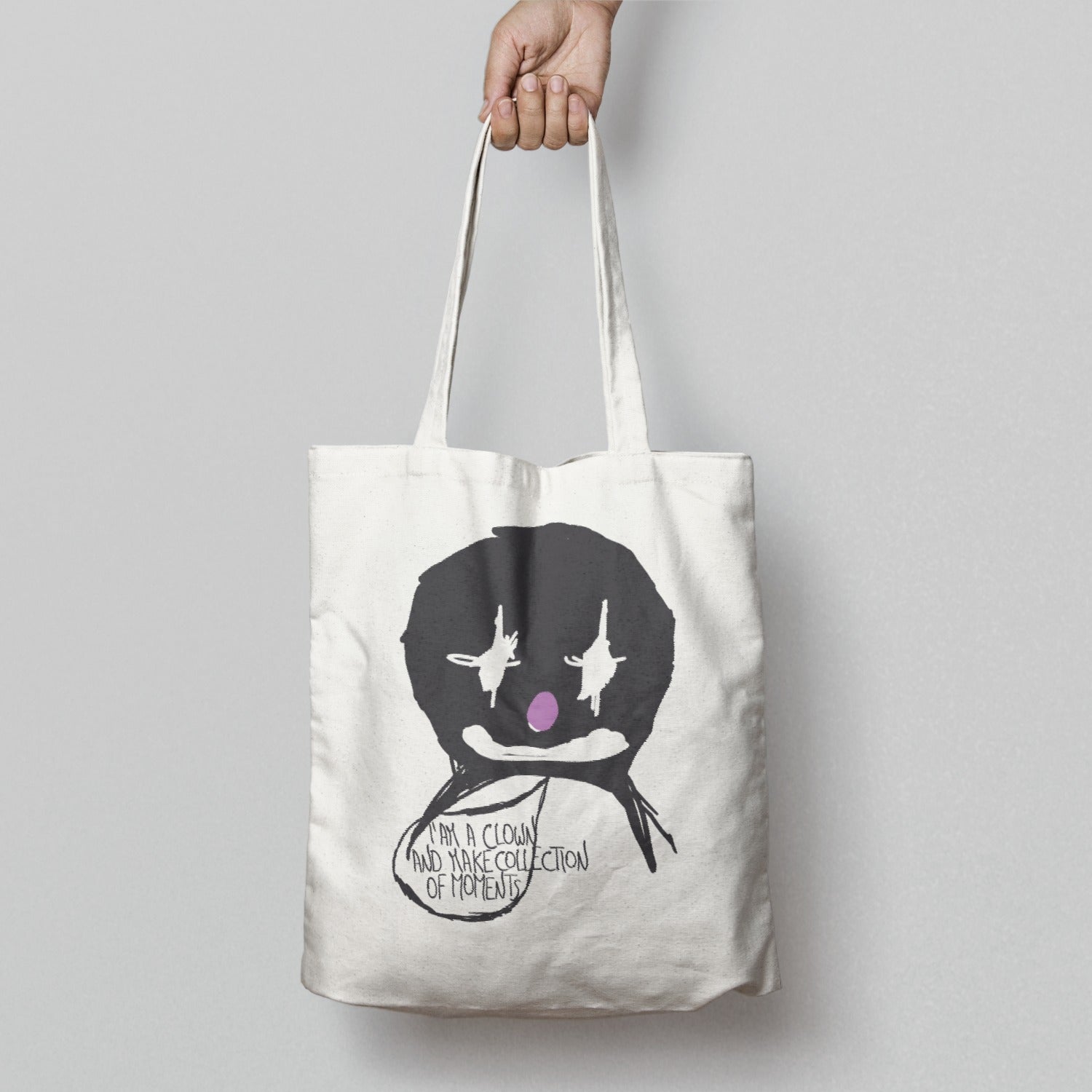 Handbag with Unique Clown Art and Creative Text Design