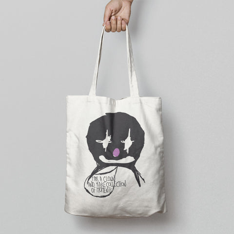 Handbag with Unique Clown Art and Creative Text Design