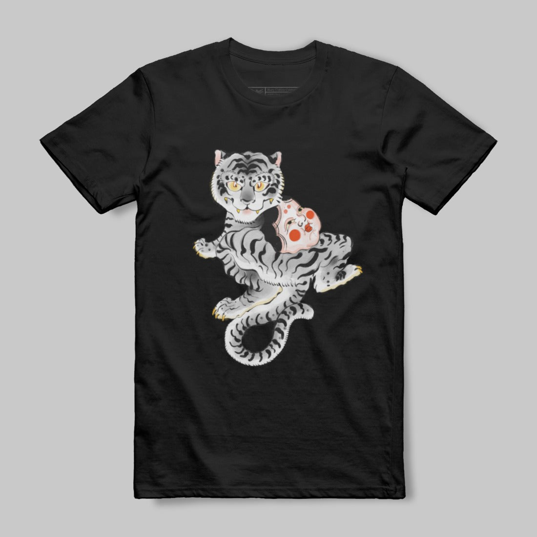 Striking black tee with artistic tiger and fish design