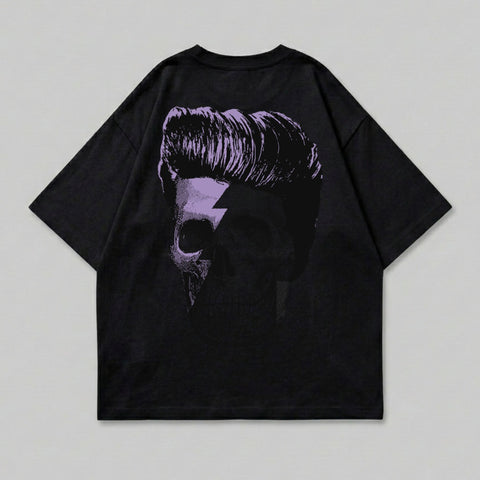 Black t-shirt with a purple skull and lightning bolt graphic.