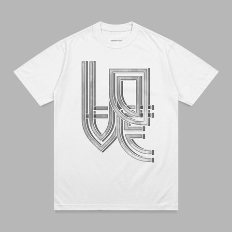 White t-shirt with a gray abstract geometric graphic design.