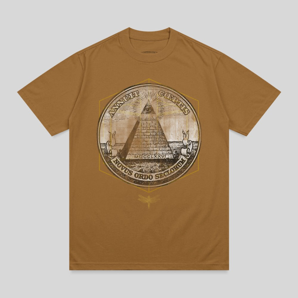 Brown t-shirt with pyramid and eye symbol, Latin text, and dragonflies.